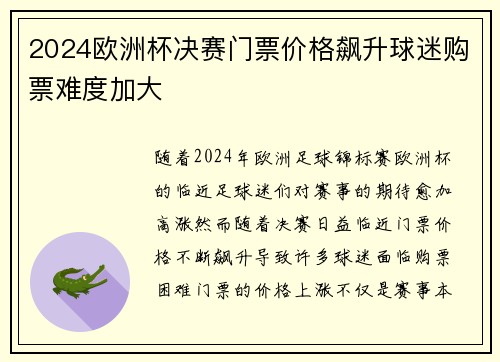 2024欧洲杯决赛门票价格飙升球迷购票难度加大