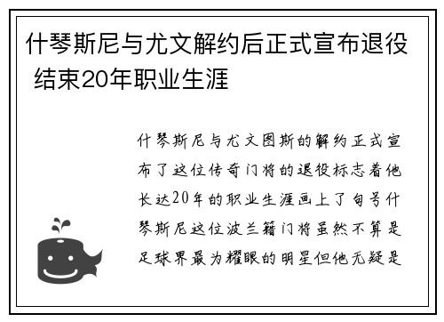 什琴斯尼与尤文解约后正式宣布退役 结束20年职业生涯