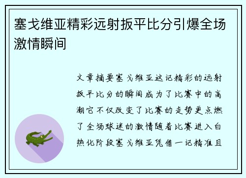 塞戈维亚精彩远射扳平比分引爆全场激情瞬间