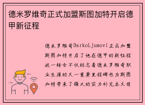 德米罗维奇正式加盟斯图加特开启德甲新征程